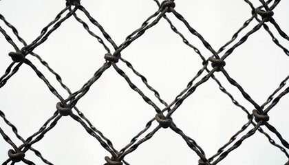 Fototapeta premium Close-up view of square wire mesh fence. Dark gray metal wires create diamond-shaped pattern. Knots secure wire mesh. Transparent background isolates texture. Design ideal for wallpaper graphic