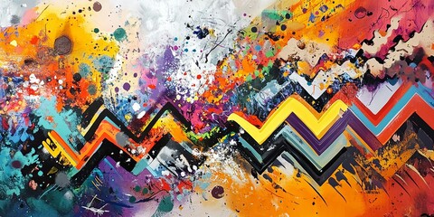 Energetic abstract painting featuring bold zigzag patterns and vivid splashes of color, creating a dynamic and lively composition.