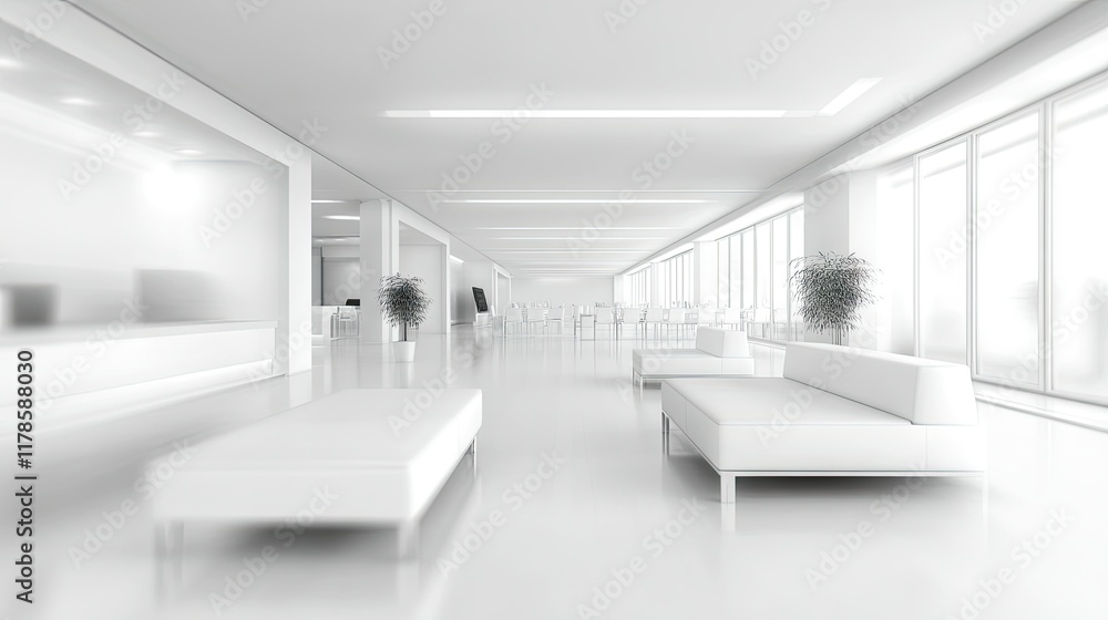 Poster abstract blurred image of a modern office with white furniture, clean design, and spacious open area