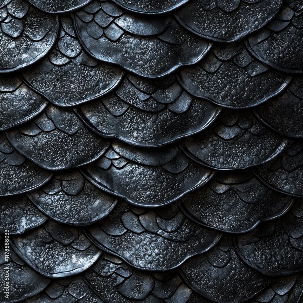 Poster abstract close-up of textured scales in dark metallic shades, showcasing the curved patterns and lay