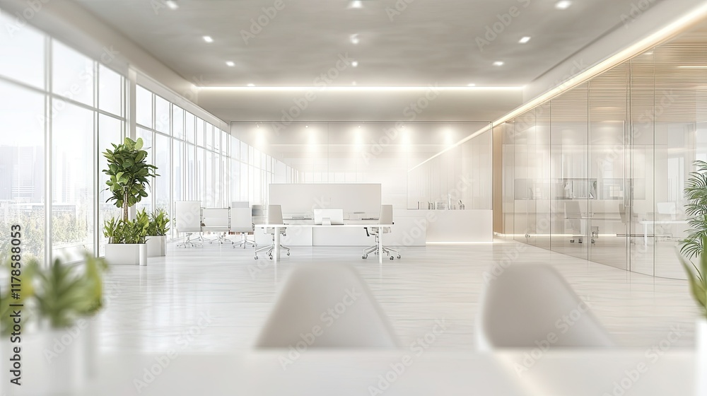 Poster abstract blurred image of a modern office with white furniture, clean design, and spacious open area