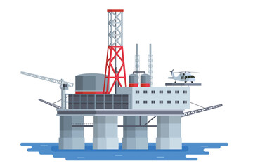 Offshore Oil Rig Illustration with Chimneys and Structures on water. Editable Vector Element on White Background