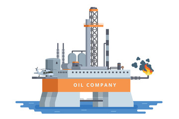 Offshore Oil Rig Illustration with Chimneys and Structures on water. Editable Vector Element on White Background