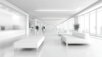 Fototapeta premium Abstract blurred image of a modern office with white furniture, clean design, and spacious open areas, ideal for creating a fresh background for design concepts