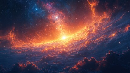 A vibrant cosmic scene depicting a glowing horizon amidst swirling clouds in space.