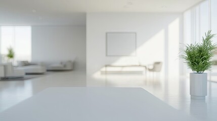 Abstract blurred shot of a modern open space office with white interior, showcasing a fully furnished workspace with sleek furniture, ideal for background design concepts