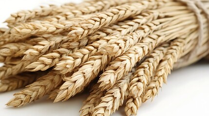 Golden wheat stalks tied together on white background; harvest concept; food, baking.