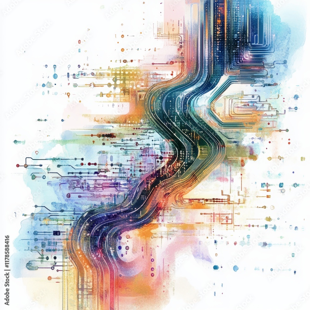 Aufkleber colorful watercolor digital illustration of abstract data streams with dynamic lines and patterns