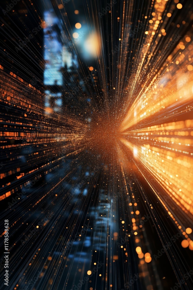 Poster discover a captivating abstract depiction of digital data streams with glowing particles, creating a