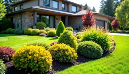 Landscaped front yard in sunny weather. Modern design with colorful bushes, shrubs arranged around vibrant green lawn. Home contemporary style. Peaceful, beautiful exterior garden setting. Excellent