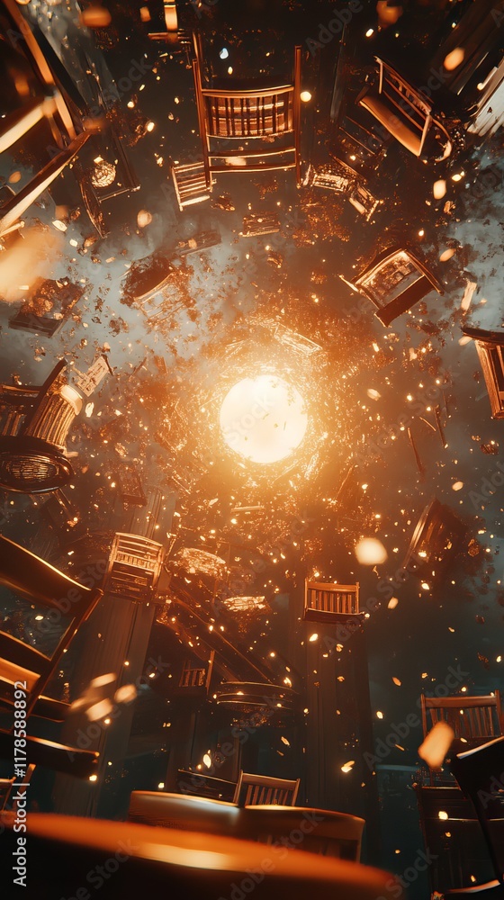 Poster chairs float in a swirling vortex of light and particles, creating a surreal and dreamlike atmospher