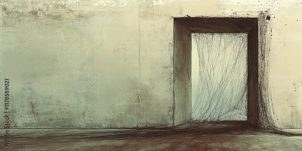 Poster an abstract artwork featuring a mysterious doorway with web-like patterns on a textured wall, evokin
