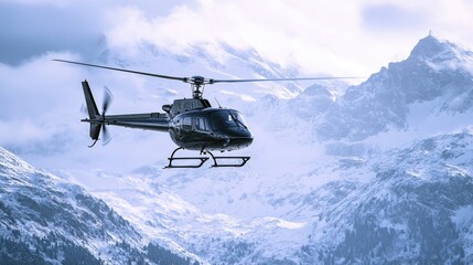 Naklejka premium Shiny black helicopter flying over mountains.