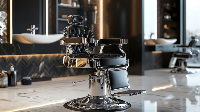 Classic barbershop chair with leather seat and chrome accents in modern salon. Stylish and elegant design enhances grooming experience