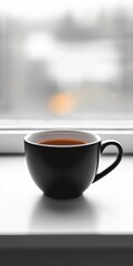 A black coffee mug sits on a windowsill, with a blurred background, evoking a sense of warmth and tranquility.