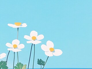 Obraz premium Vibrant White Flowers Gracefully Bloom Against a Serene Blue Sky: Digital Illustration in a Minimalist Style. AI Generated