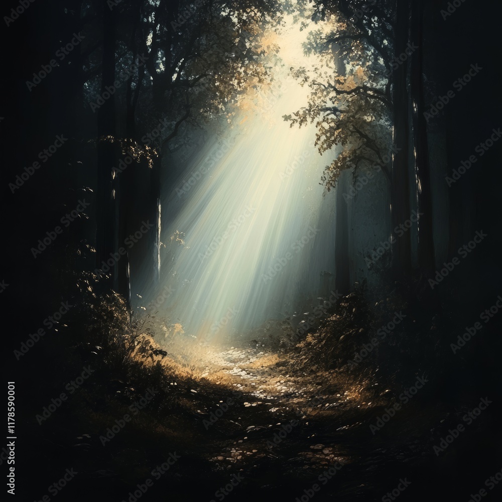 Poster a breathtaking scene featuring ethereal light streaming through lush trees, creating a serene atmosp