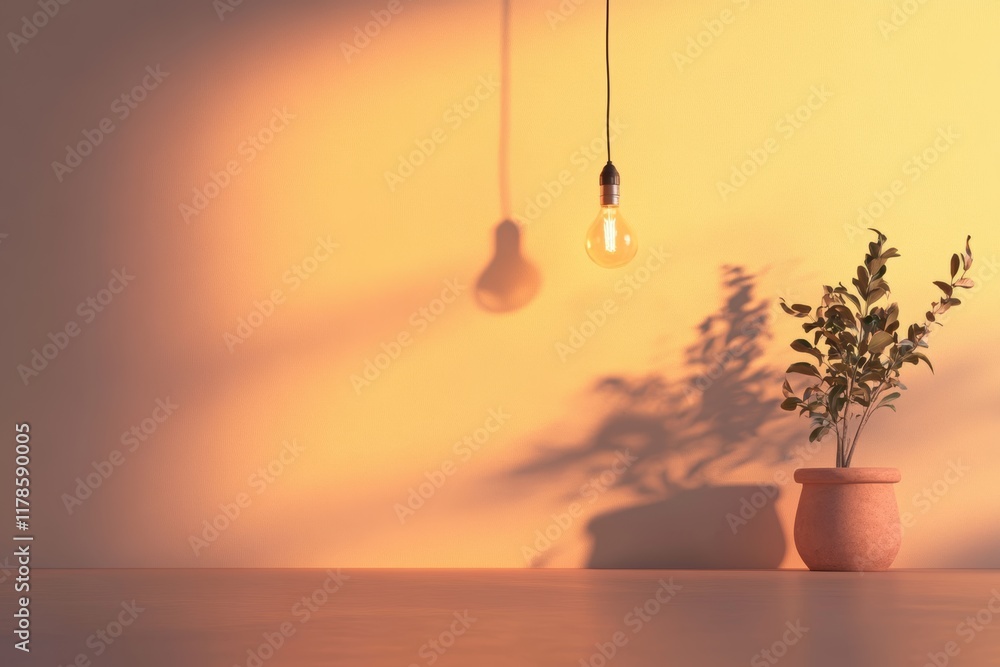 Poster a simple light bulb hangs in an empty space, casting soft shadows on the wall, complemented by a sma
