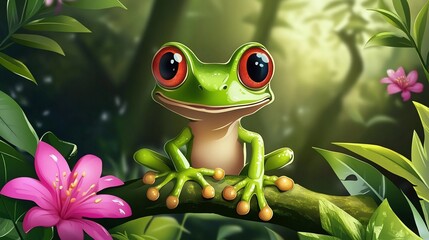 Adorable red-eyed tree frog on branch in lush rainforest.