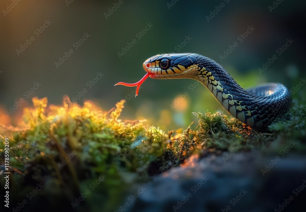Poster captivating close-up of a colorful snake in a lush green environment with a beautiful background and