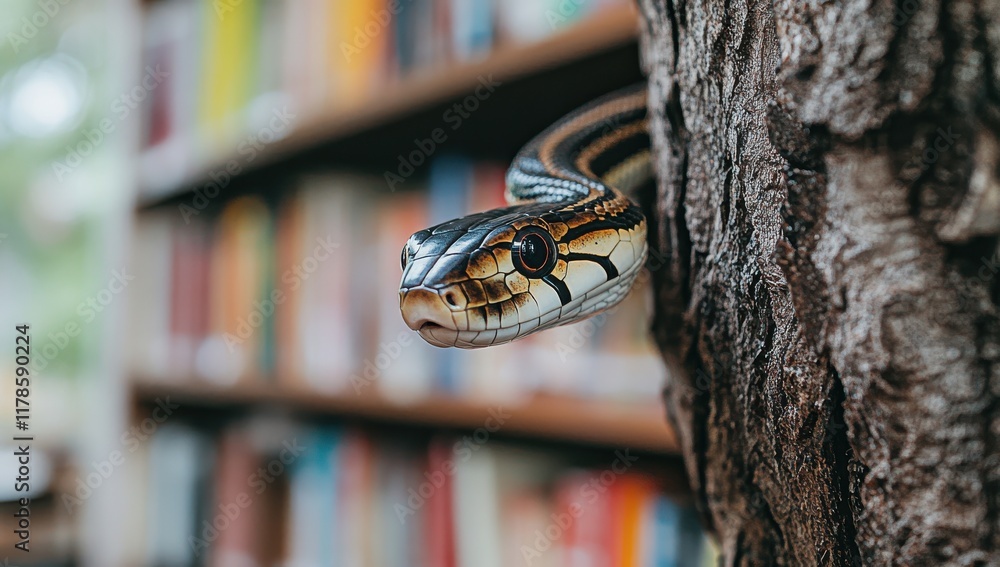 Poster captivating close-up of a colorful snake emerging from a tree bark in a cozy library setting surroun