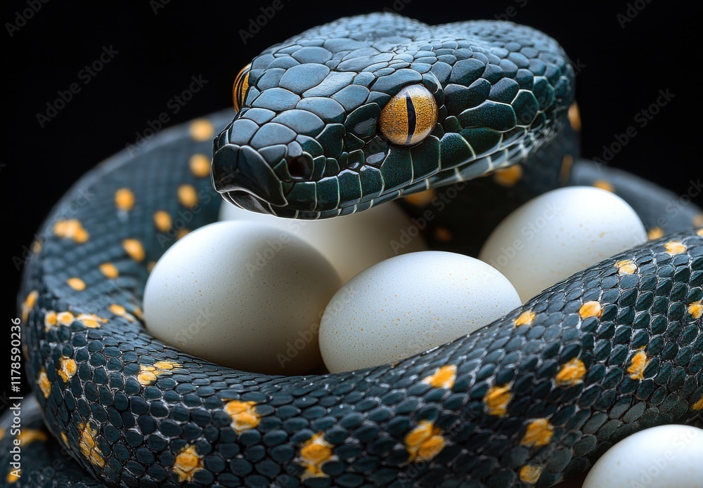Aufkleber captivating close-up of a colorful snake nesting with white eggs, displaying intricate scales and st