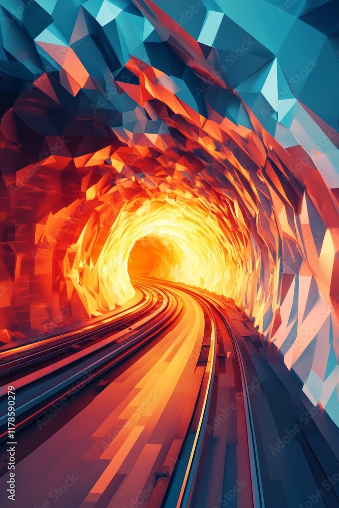 Poster a tunnel with a train running through it. the tunnel is made of rocks and has a warm orange glow