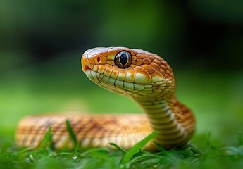 Fototapeta premium Captivating Close-Up of a Colorful Snake with Intricate Patterns Gliding Across a Lush Green Background, Showcasing Its Beautiful Scales and Sharp Features