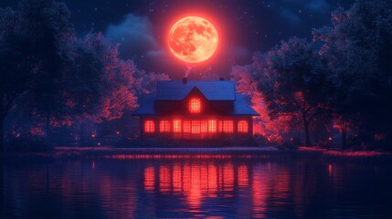 Fototapeta premium Illuminated house by lake under blood moon.