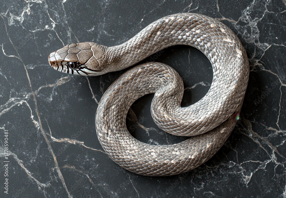 Poster captivating close-up of a serene snake coiled on a dark marble surface, showcasing intricate scales 