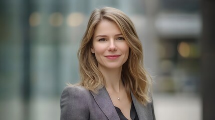 Confident and successful businesswoman posing for a corporate headshot in a modern office setting. The woman has an intelligent,driven,and professional demeanor.