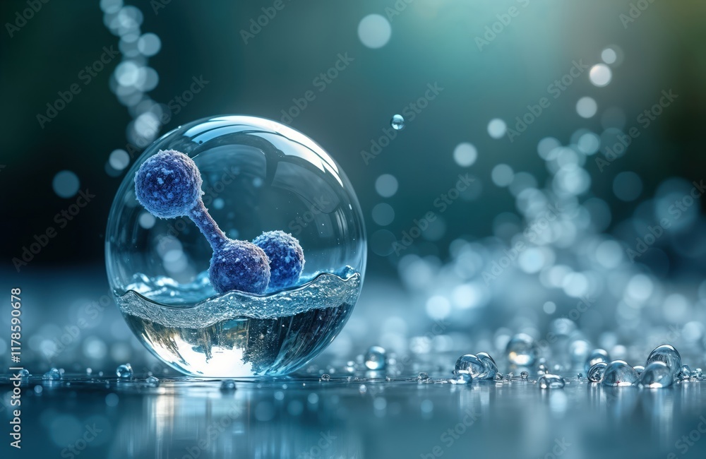 Poster beautiful bubble holds molecule. water splashes in abstract background. liquid bubble concept. abstr