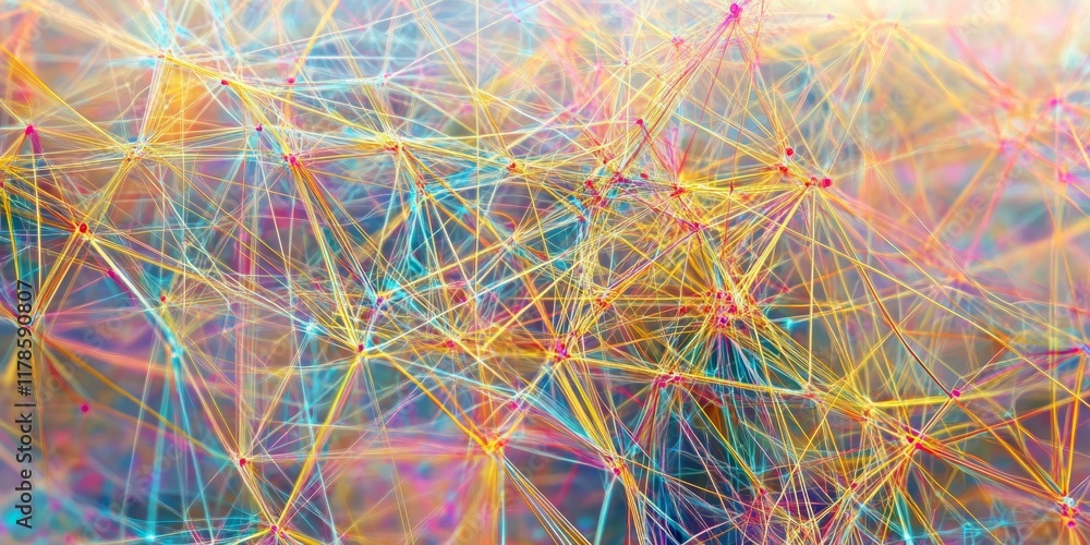 Poster abstract colorful network connections in data visualization design with dynamic lines and shapes