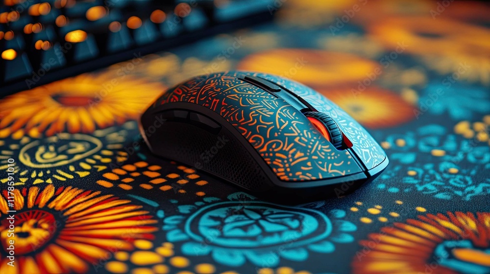 Poster a mouse with a comfortable design sitting on a mousepad with a colorful pattern.