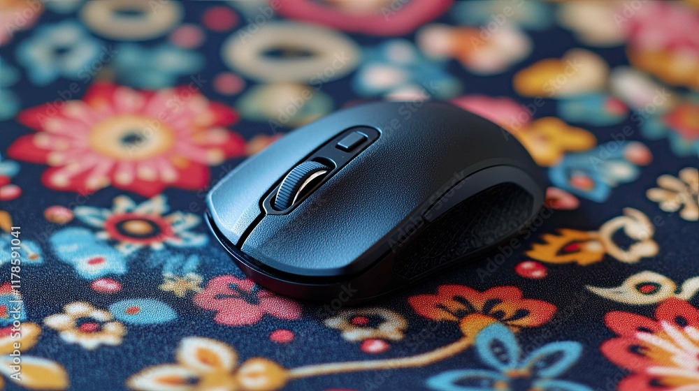Poster a mouse with a comfortable design sitting on a mousepad with a colorful pattern