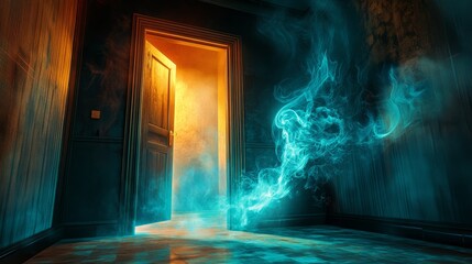 A captivating scene of an abandoned room with a glowing portal. Ethereal smoke swirls around, creating a mysterious and enchanting atmosphere perfect for fantasy themes.