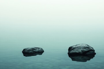 Serene minimalist seascape featuring two rocks in calm water, enveloped by a soft misty sky, creating a peaceful and tranquil atmosphere.