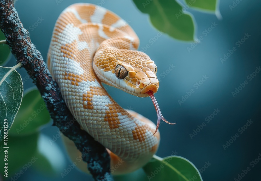Poster Close-up Capture of a Vibrant Orange and White Python Coiling on a Branch Surrounded by Lush Green Leaves in a Serene Natural Environment