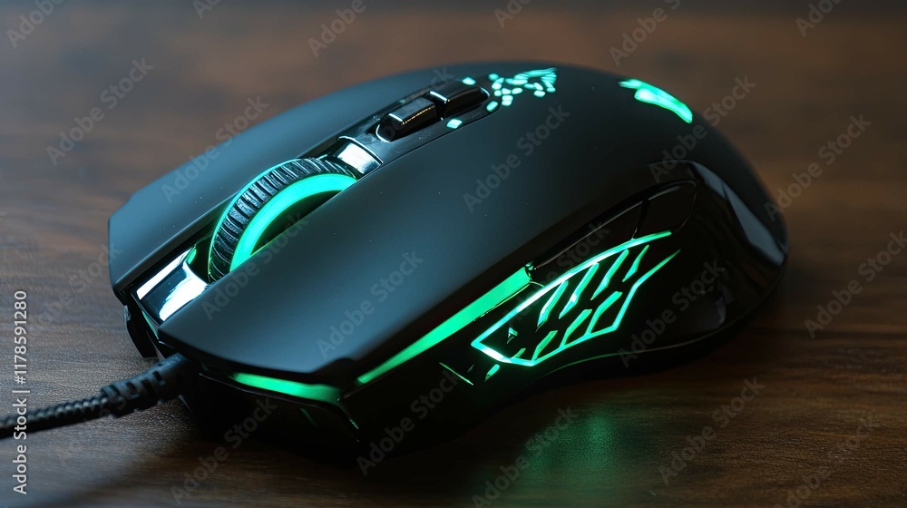 Poster a mouse with a glossy black finish and illuminated side buttons for gaming