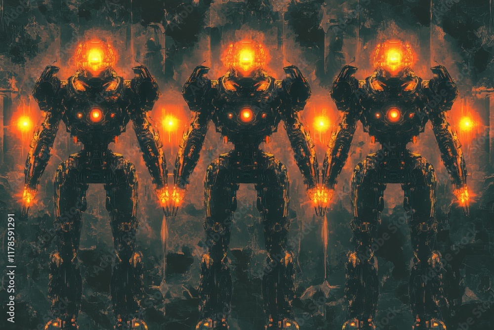 Poster three robots with glowing eyes stand in a dark room. the robots are all the same size and have the s
