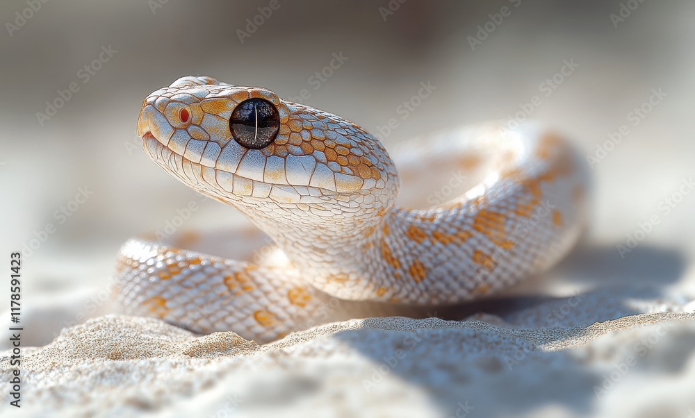 Poster close-up of a beautiful and unique white snake with orange pattern on sandy background, capturing in