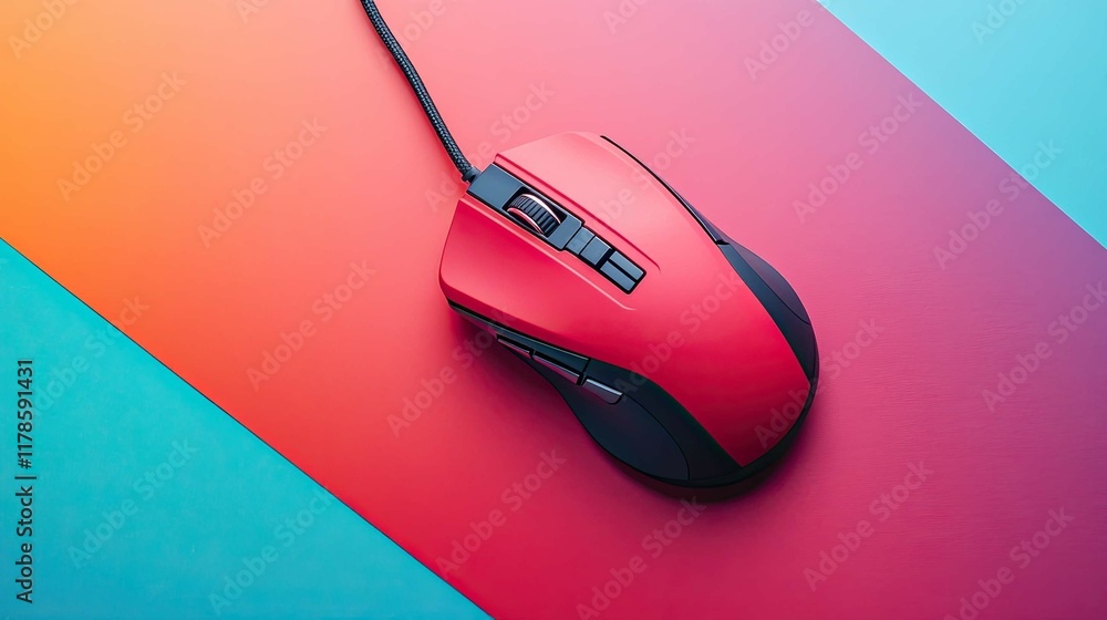 Poster a mouse with programmable buttons for gaming, positioned on a colorful mousepad.