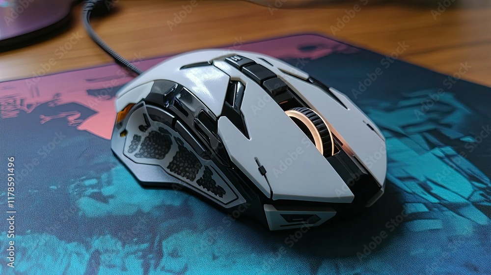 Poster a mouse with programmable buttons for gaming, positioned on a colorful mousepad.