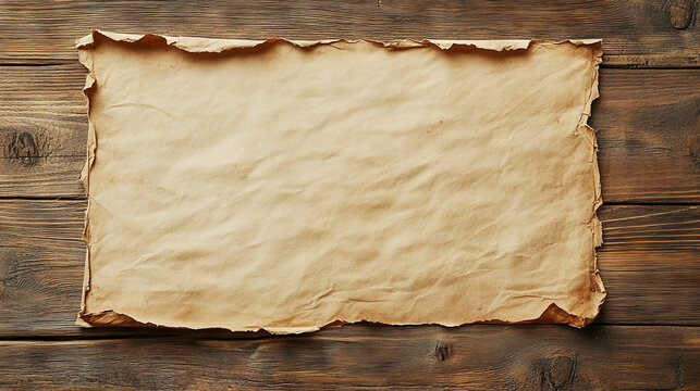 A flat sheet of old paper, with creases in the corners and edges, lying on an empty wooden tabletop. The background is plain brown wood.