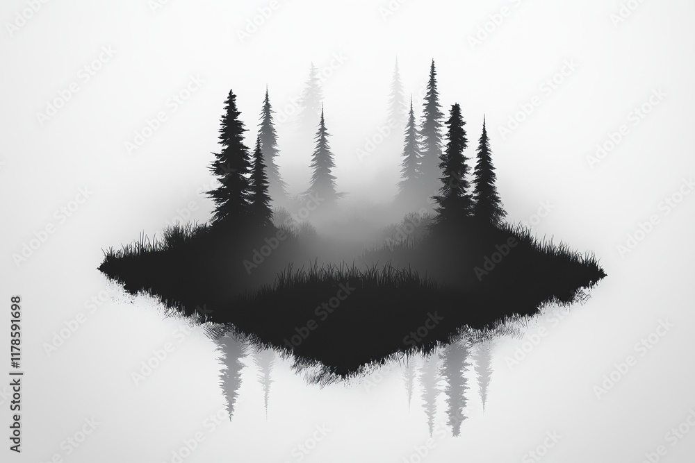 Poster a serene monochrome image of a misty forest with tall pine trees and their reflections, creating a s