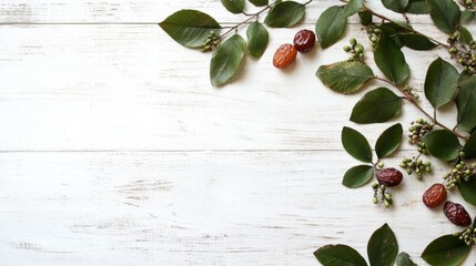 Branch of sweet dried dates and green leaves on white wooden table, top view.