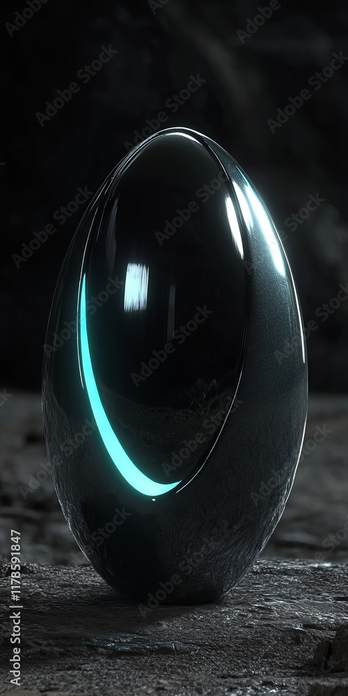 Poster large, shiny, black object with a blue light shining on it. the object is surrounded by a dark backg