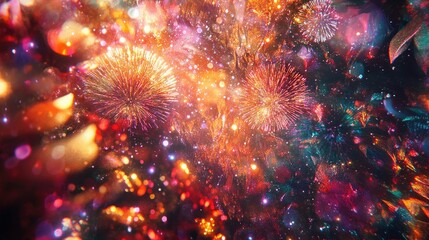 An abstract glitter background with fireworks bursting in the sky, symbolizing the joy of Christmas Eve and th of July celebrations, perfect for greeting cards.