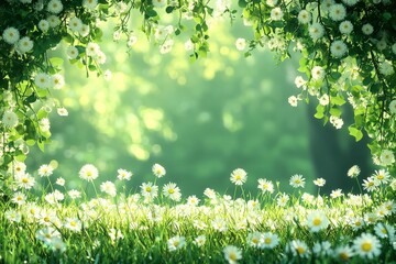 A serene spring foreground filled with dandelions, their white petals floating above a lush meadow, bathed in soft sunlight and adorned with sparkling green grass.