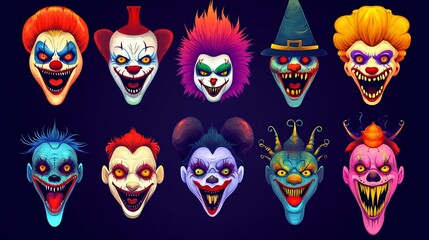 Twelve creepy clown faces, Halloween horror.